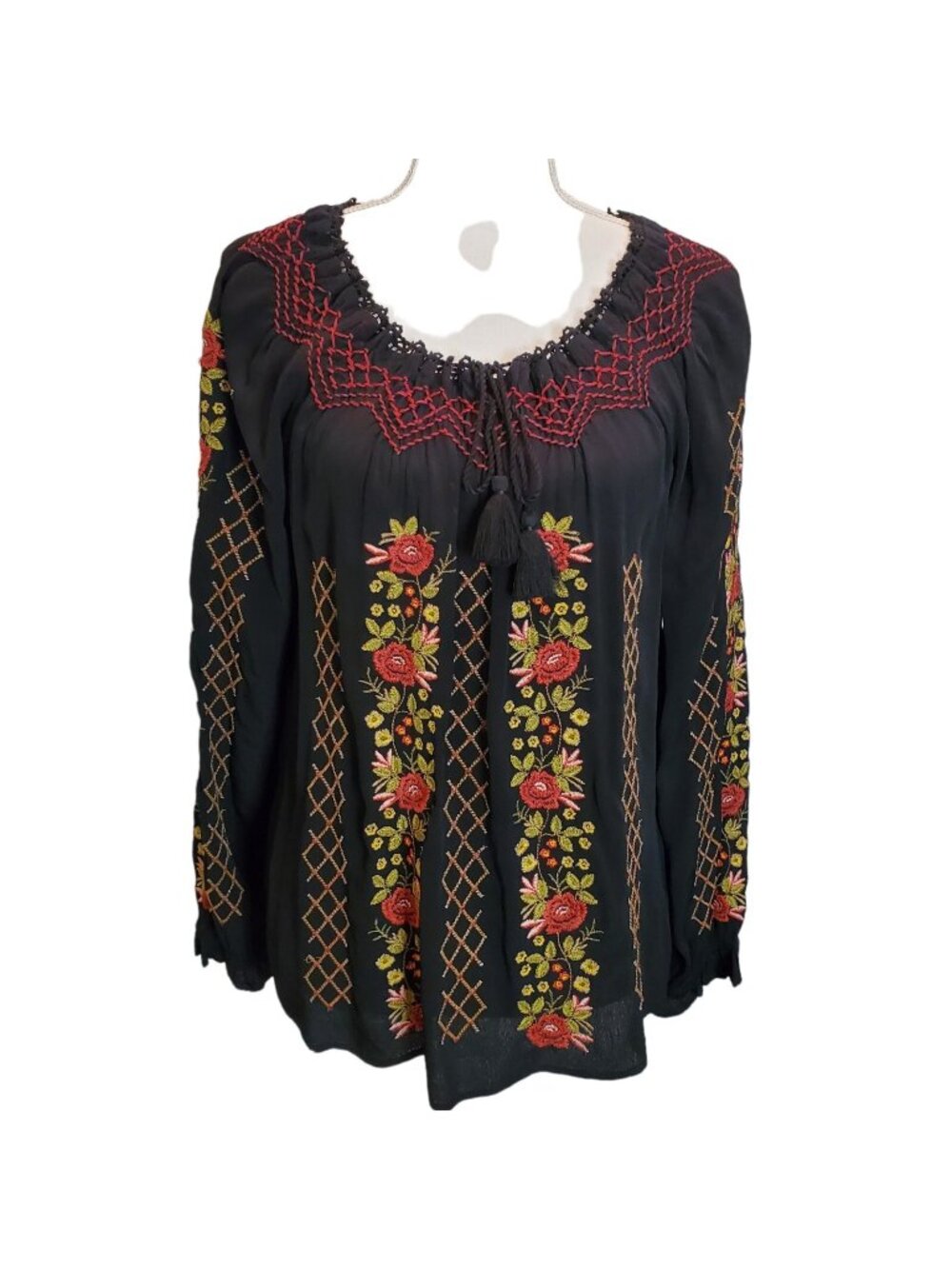 J.JILL Embroidered Floral Boho Peasant Crepe Blouse Top Oversized Black Sz XS